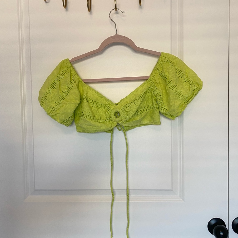 Target Green Puff Sleeve Crop Top with Tie Front